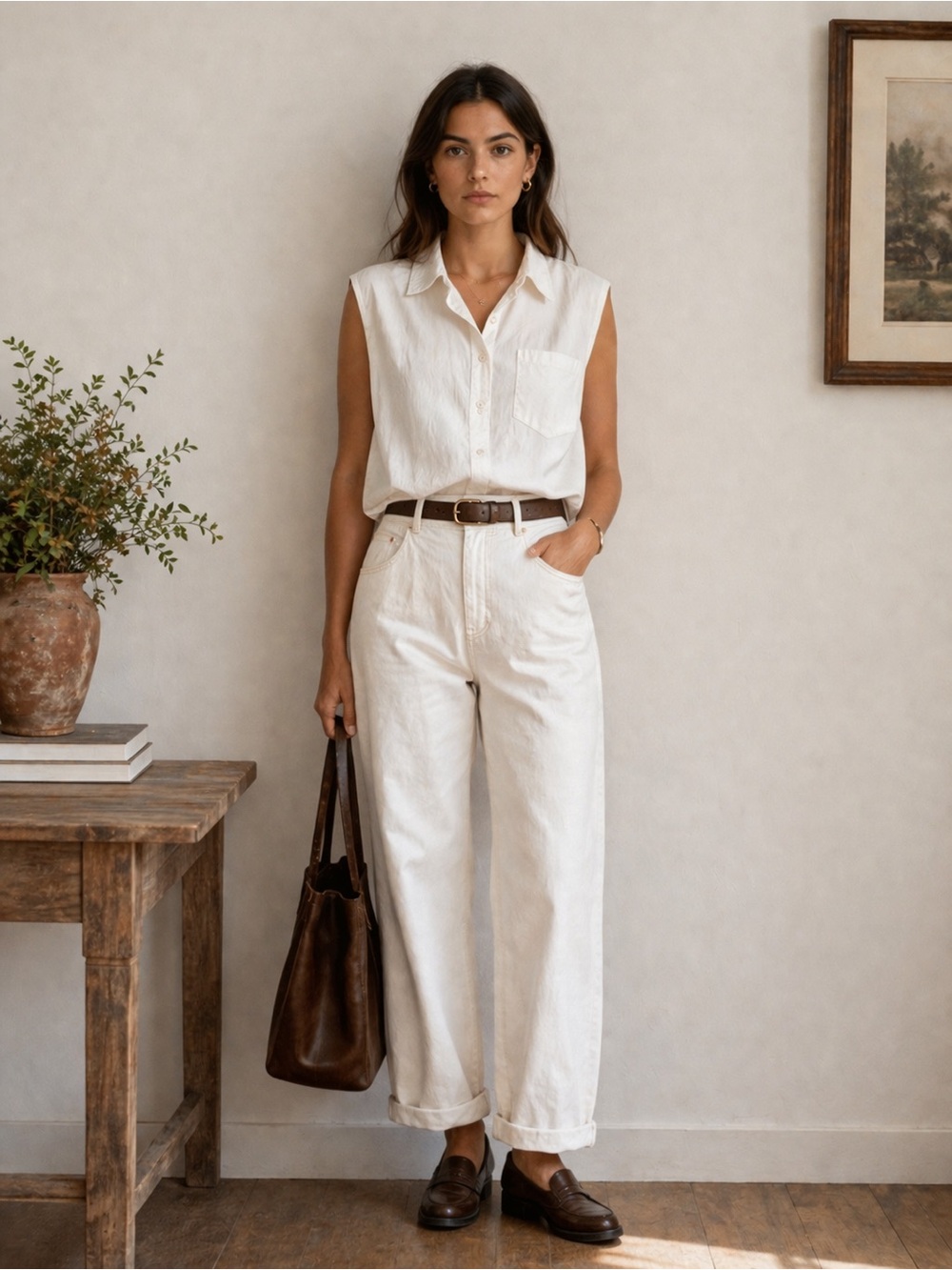 SANS SOUCY Sleeveless button up Cream Top Minimalist Preppy back ballon hem